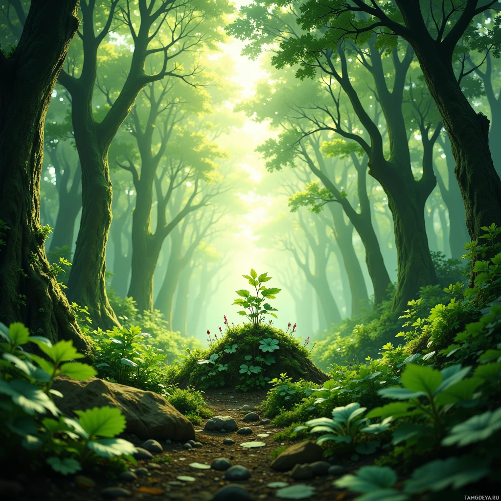 A serene forest scene with sunlight filtering through the trees, creating a peaceful and lush environment.