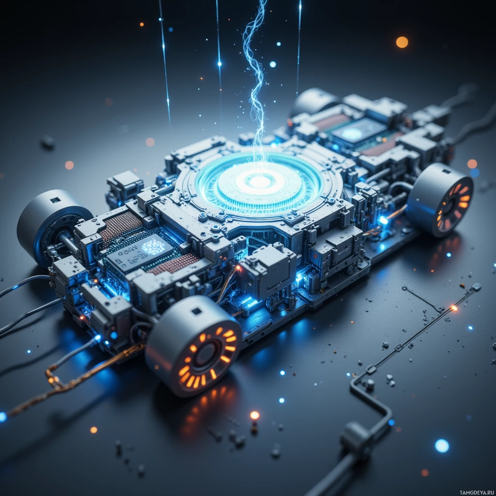 A futuristic mechanical device with glowing blue and orange lights and energy beams.