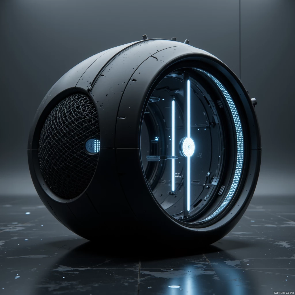 A futuristic, cylindrical object with glowing elements and a metallic texture.