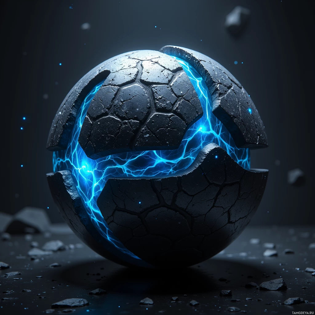 A cracked, glowing blue energy sphere with debris scattered around.