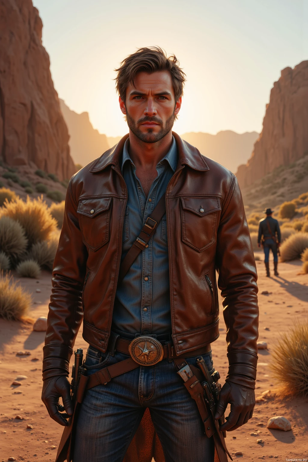 A man in a brown leather jacket and jeans stands in a desert landscape, holding a gun.