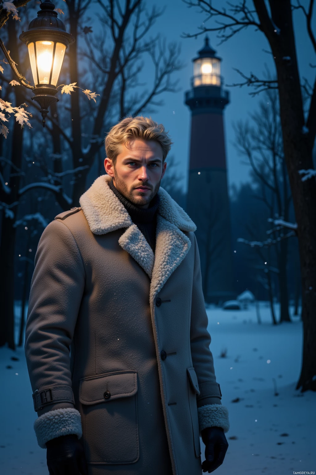 A man stands in a snowy forest at dusk, wearing a winter coat and gloves, with a lighthouse and street lamp in the background.