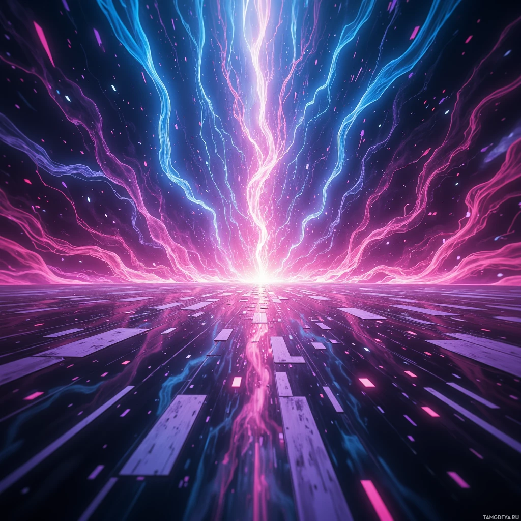 A vibrant, abstract digital artwork featuring flowing lines and particles in shades of pink, blue, and purple against a dark background.