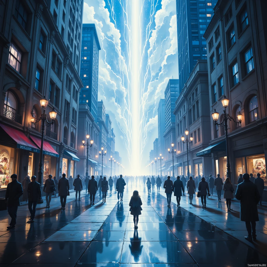 A bustling city street with people walking, illuminated by streetlights and a bright, glowing sky.