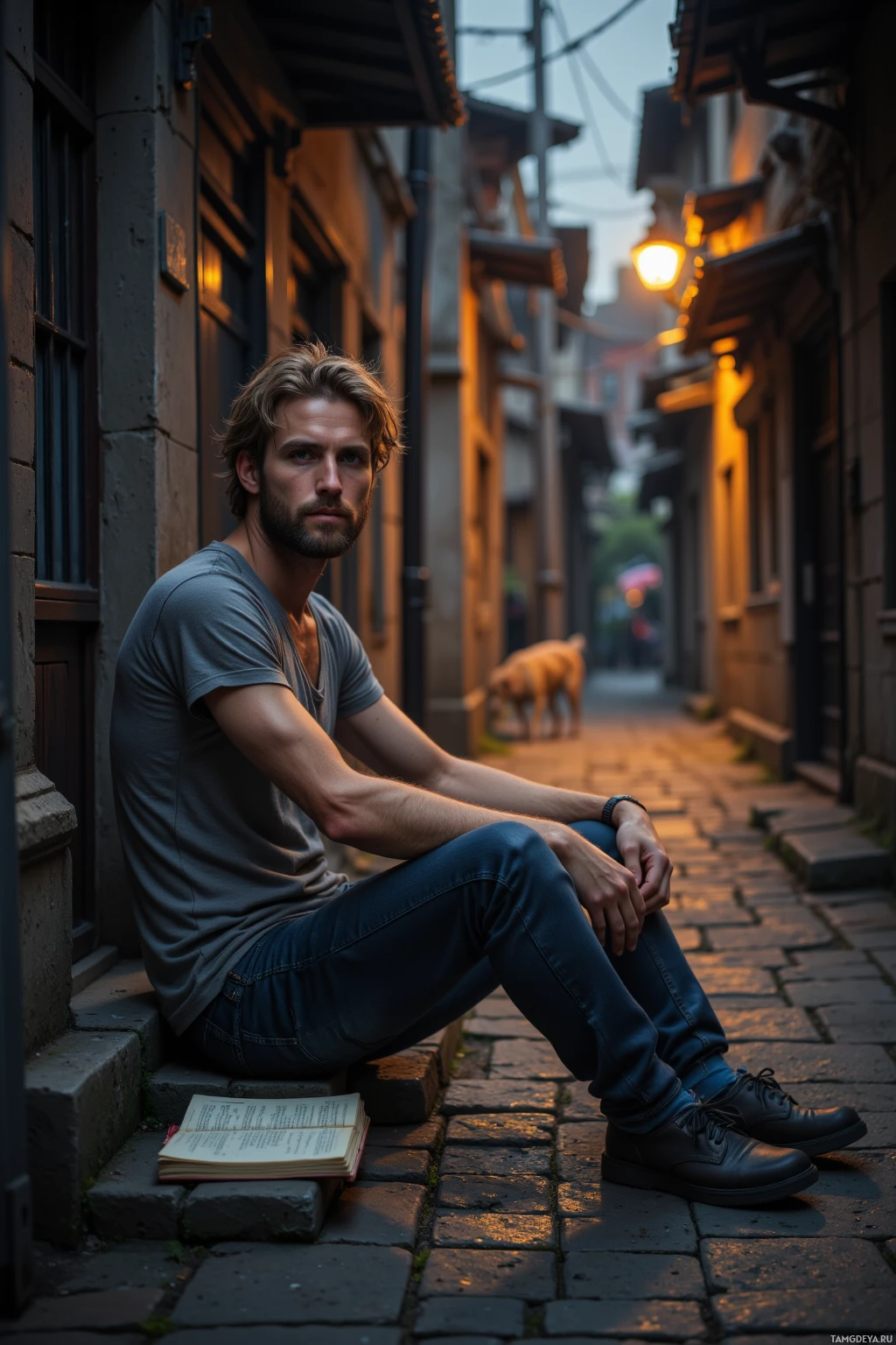 A man sits on a stone step in a narrow alleyway, holding a book, with a dog in the background.