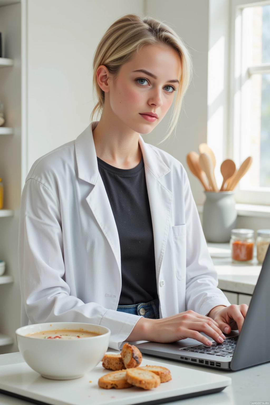 A person in a white lab coat is working on a laptop at a kitchen counter with a bowl of soup and bread.