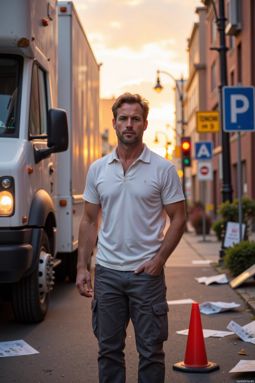 A man stands on a street at sunset, wearing a white polo shirt and cargo pants, with a truck and traffic cones nearby.