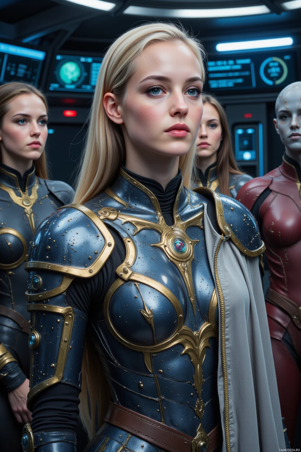 A group of individuals in futuristic armor stands in a high-tech environment.