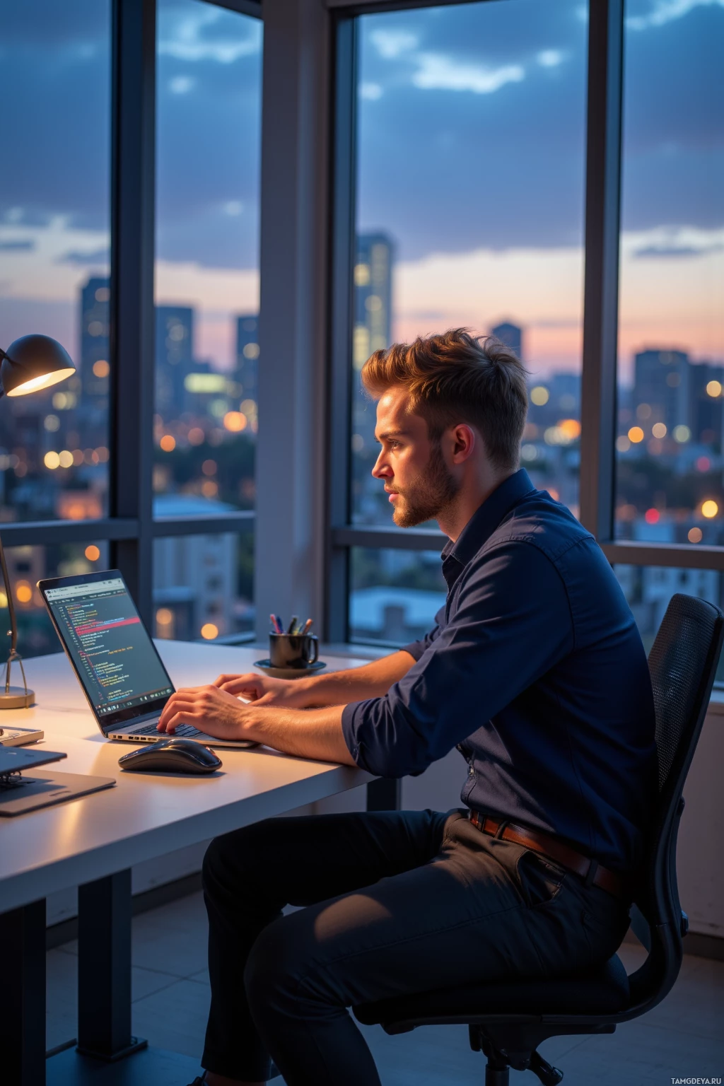 A man sits at a desk in a modern office, working on a laptop with a cityscape visible through the large windows.