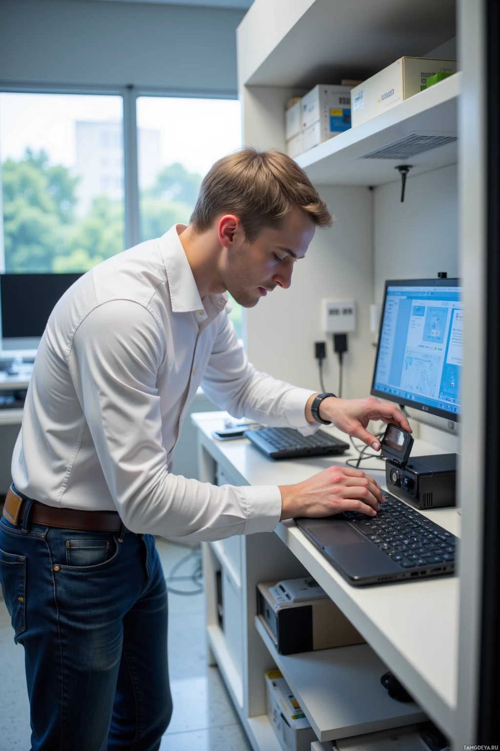 A man in a white shirt and jeans is working on a laptop in a laboratory setting.
