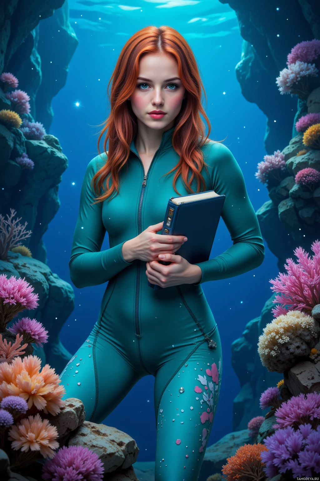 A person in a teal bodysuit holds a book, surrounded by an underwater scene with colorful corals and rocks.