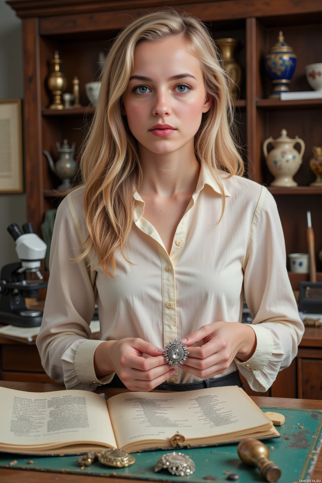 A woman in a light-colored shirt holds a decorative brooch, seated at a desk with an open book and vintage items in the background.