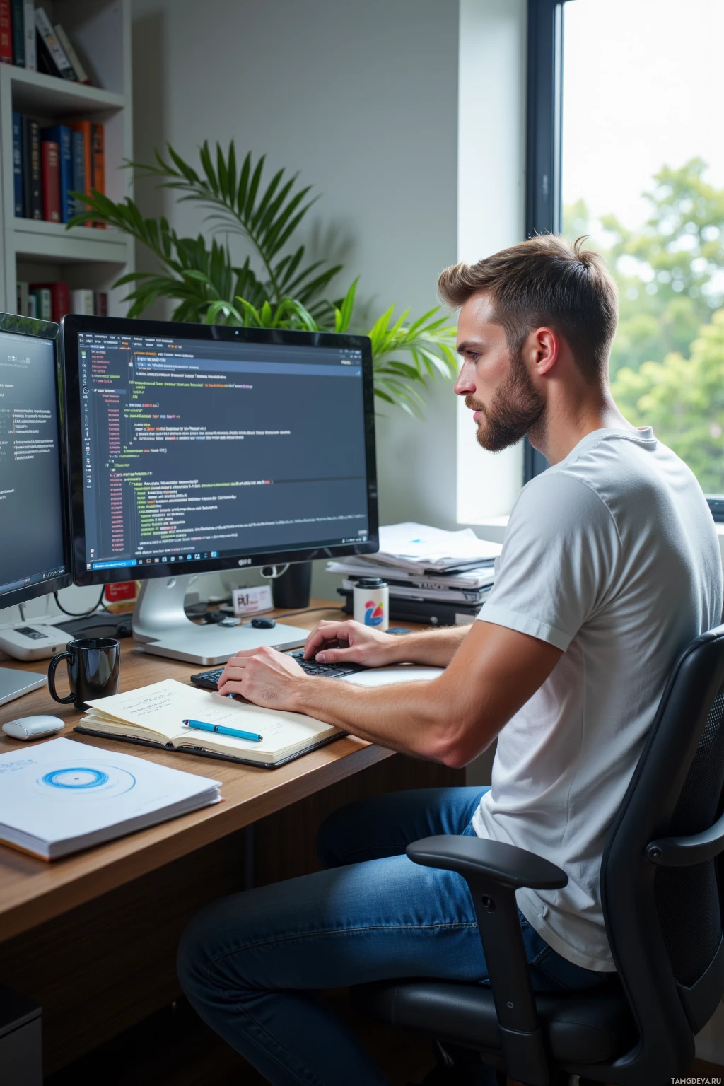 A person is working at a desk with a computer displaying code, surrounded by books and a plant.
