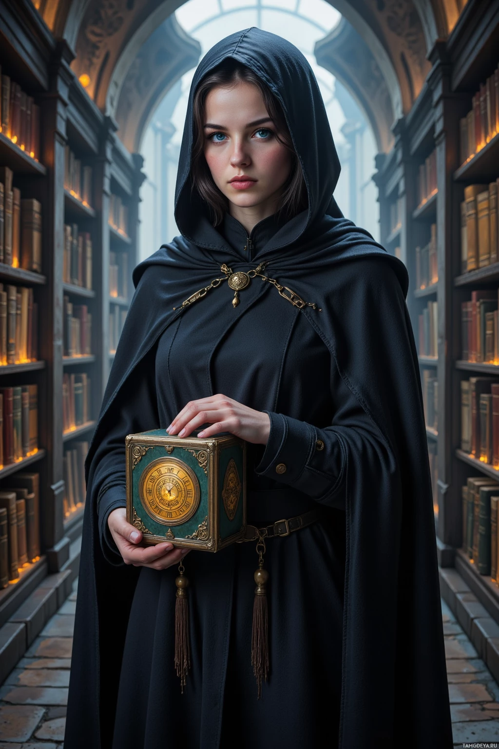 A person in a hooded cloak stands in a library, holding an ornate clock.