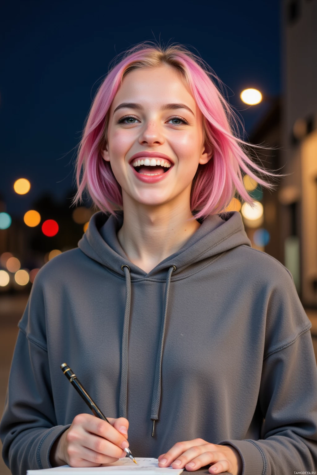A young person with pink hair smiles while holding a pen and paper.