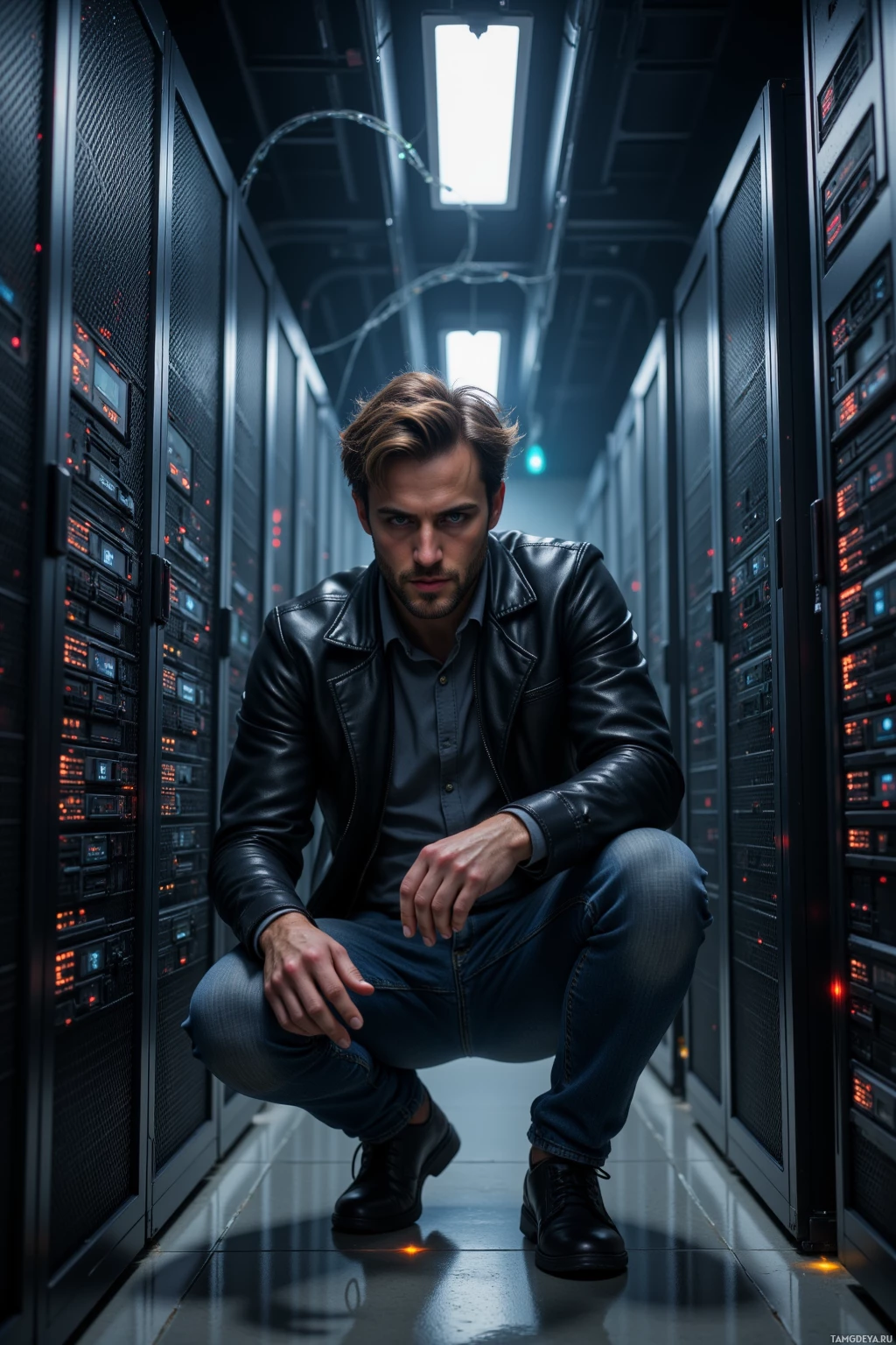 A man in a leather jacket and jeans crouches in a dimly lit server room.