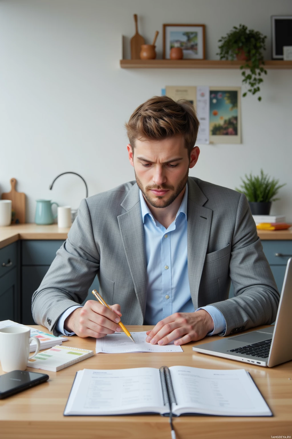 A man in a suit is working at a desk, writing in a notebook.