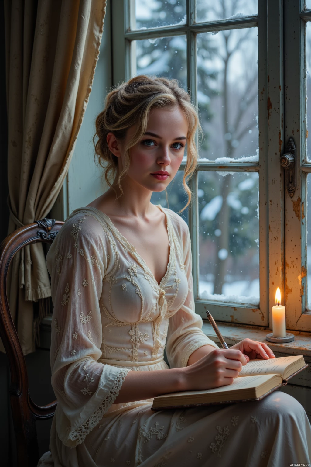 A woman in a vintage-style dress sits by a window, writing in a book with a candle nearby.
