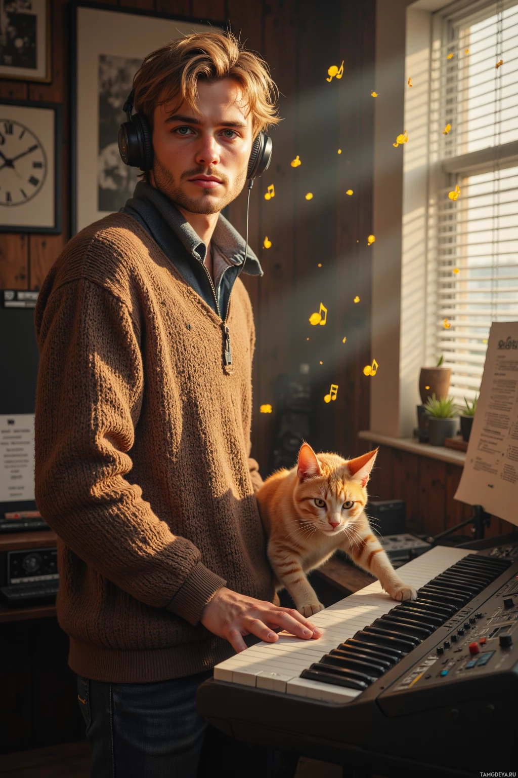 A man wearing headphones stands beside a keyboard with a cat perched on it in a cozy room.