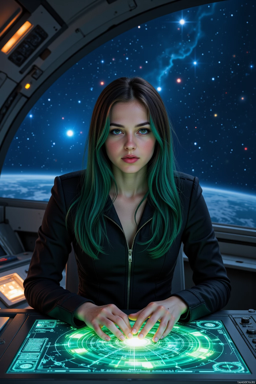 A person with green hair sits at a futuristic control panel, with a starry space view visible through the window behind them.