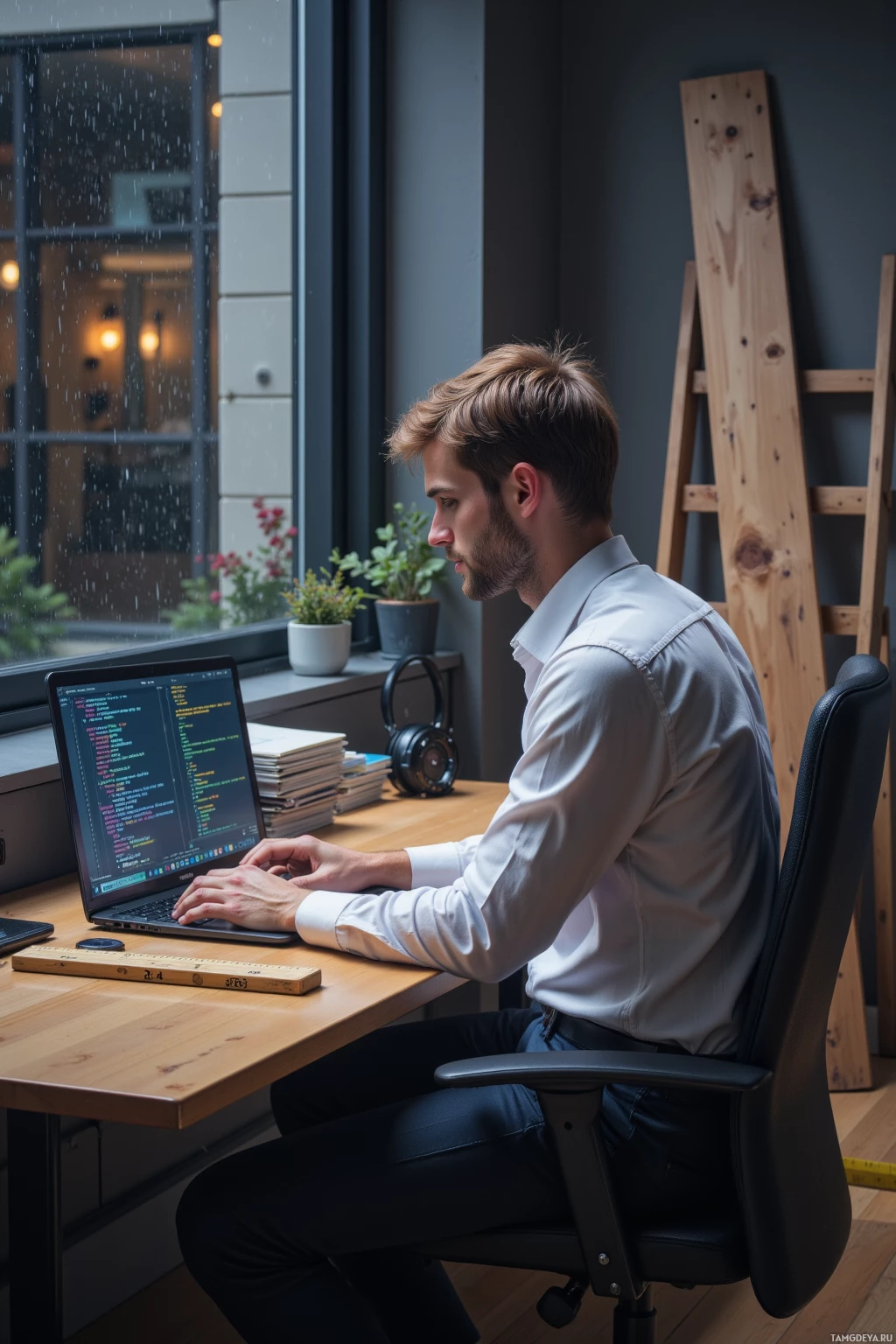 A man is working at a desk with a laptop displaying code, in a modern office setting.