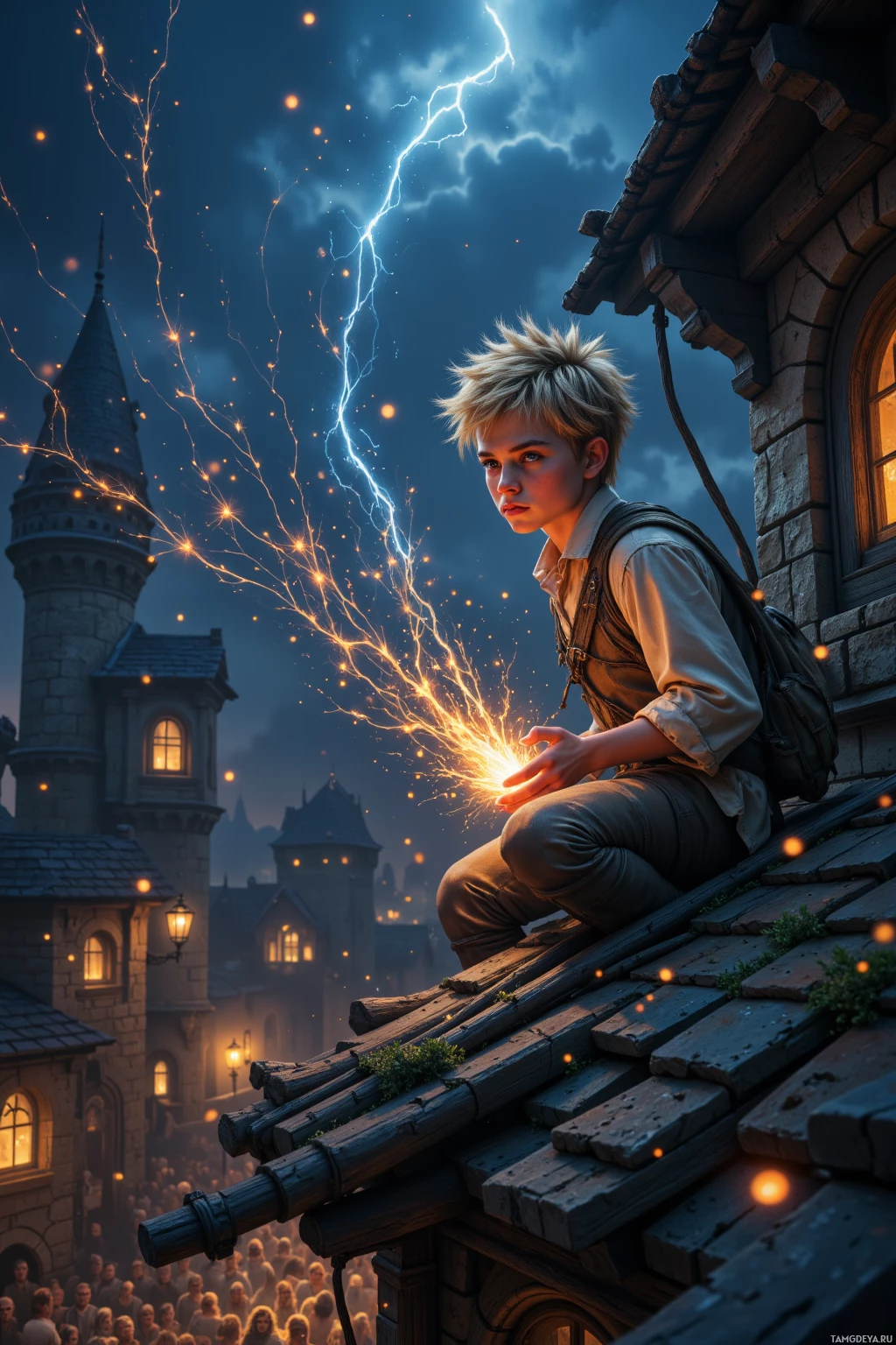 A young person sits on a rooftop, surrounded by glowing sparks and a castle in the background.