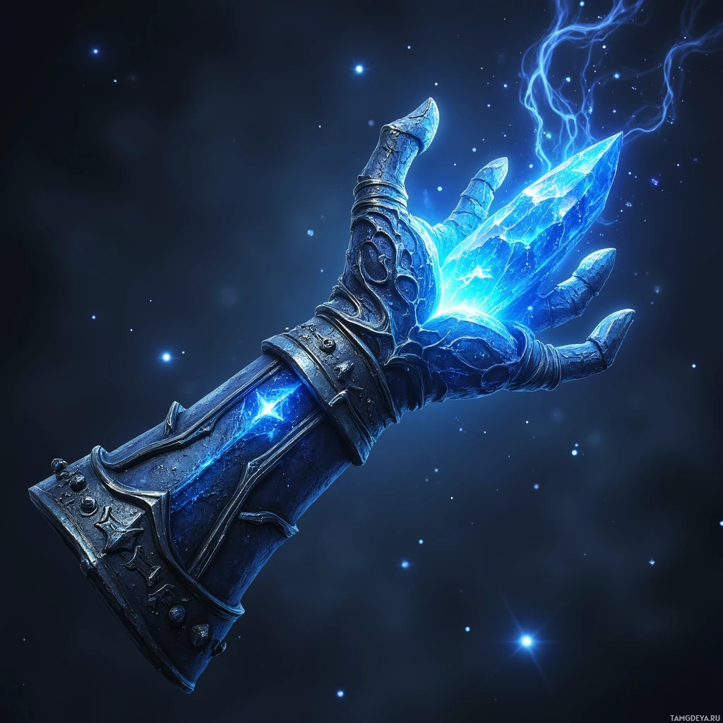 A glowing blue hand with intricate designs and a radiant light emanating from the palm.