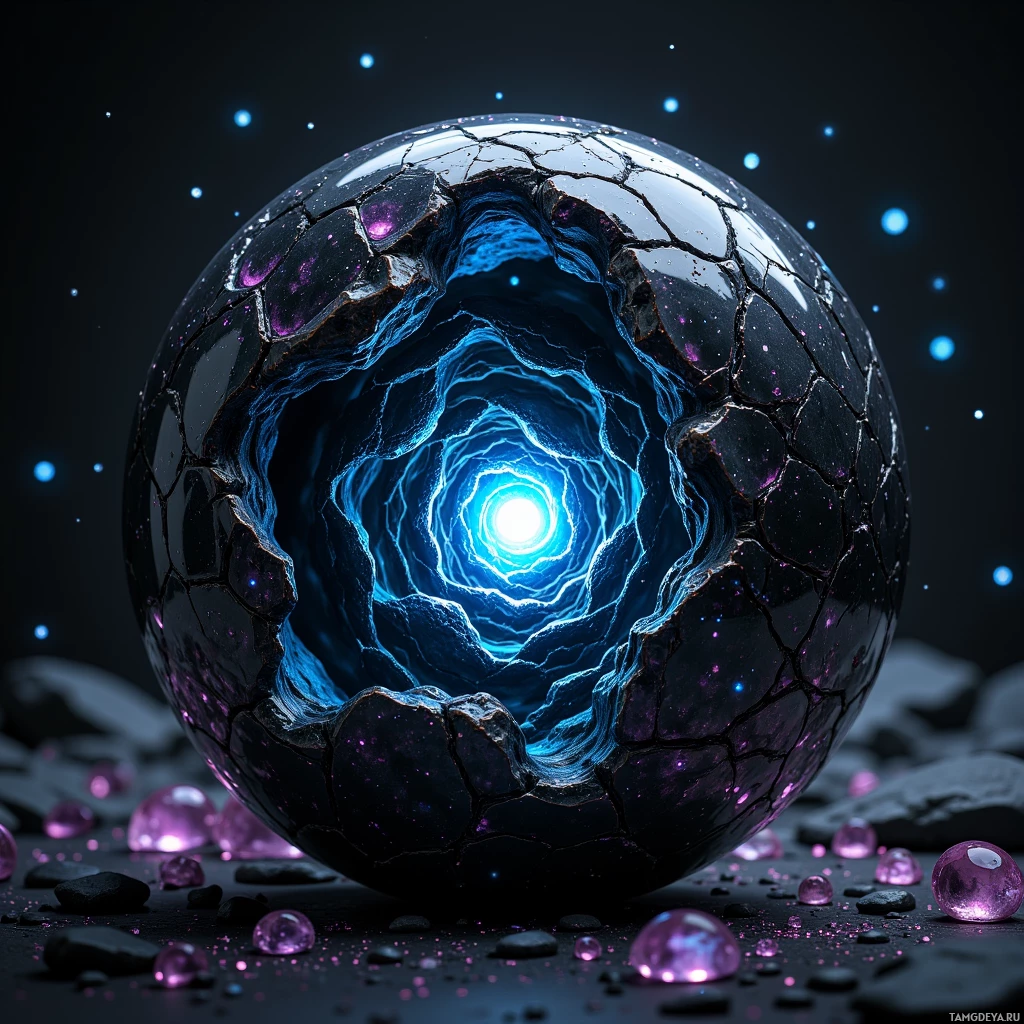 A glowing, cracked sphere with a luminous blue interior and scattered purple gemstones.