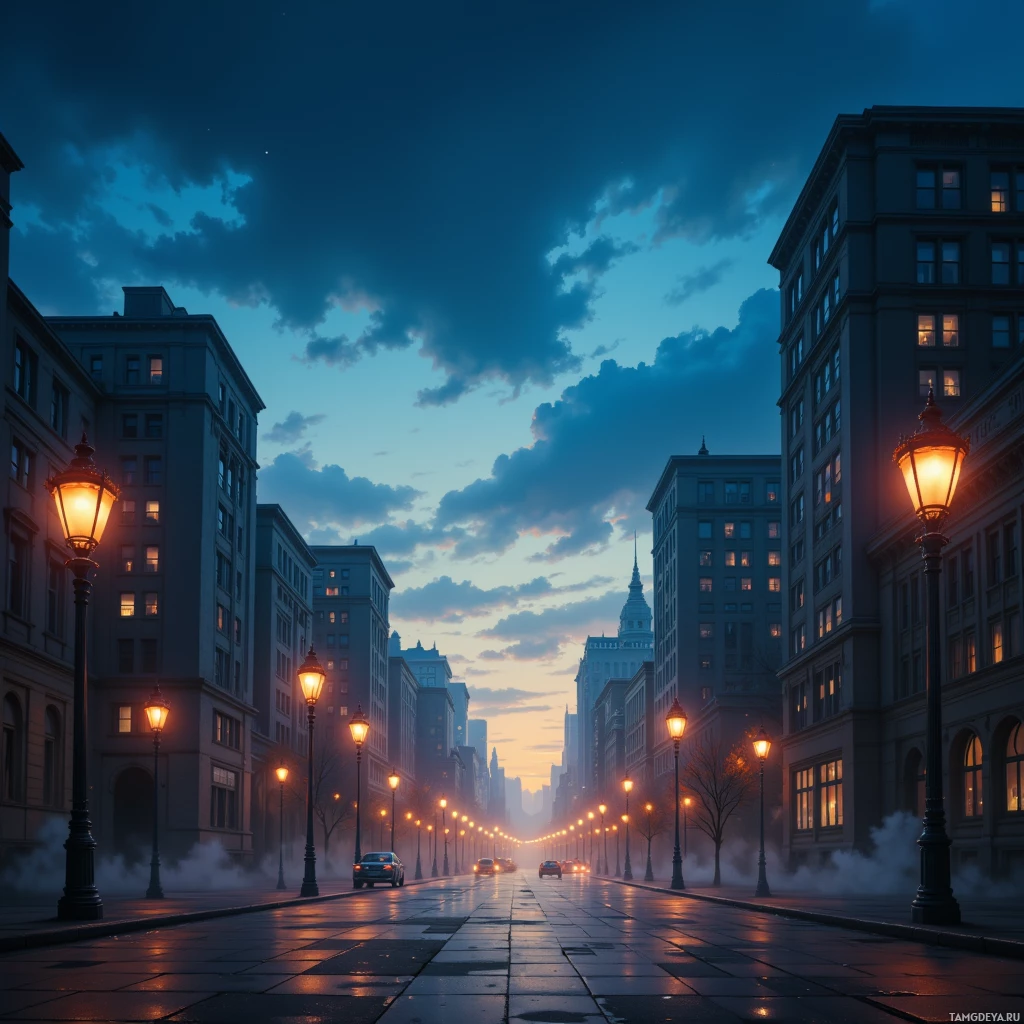 A city street at dusk with illuminated streetlights and buildings.