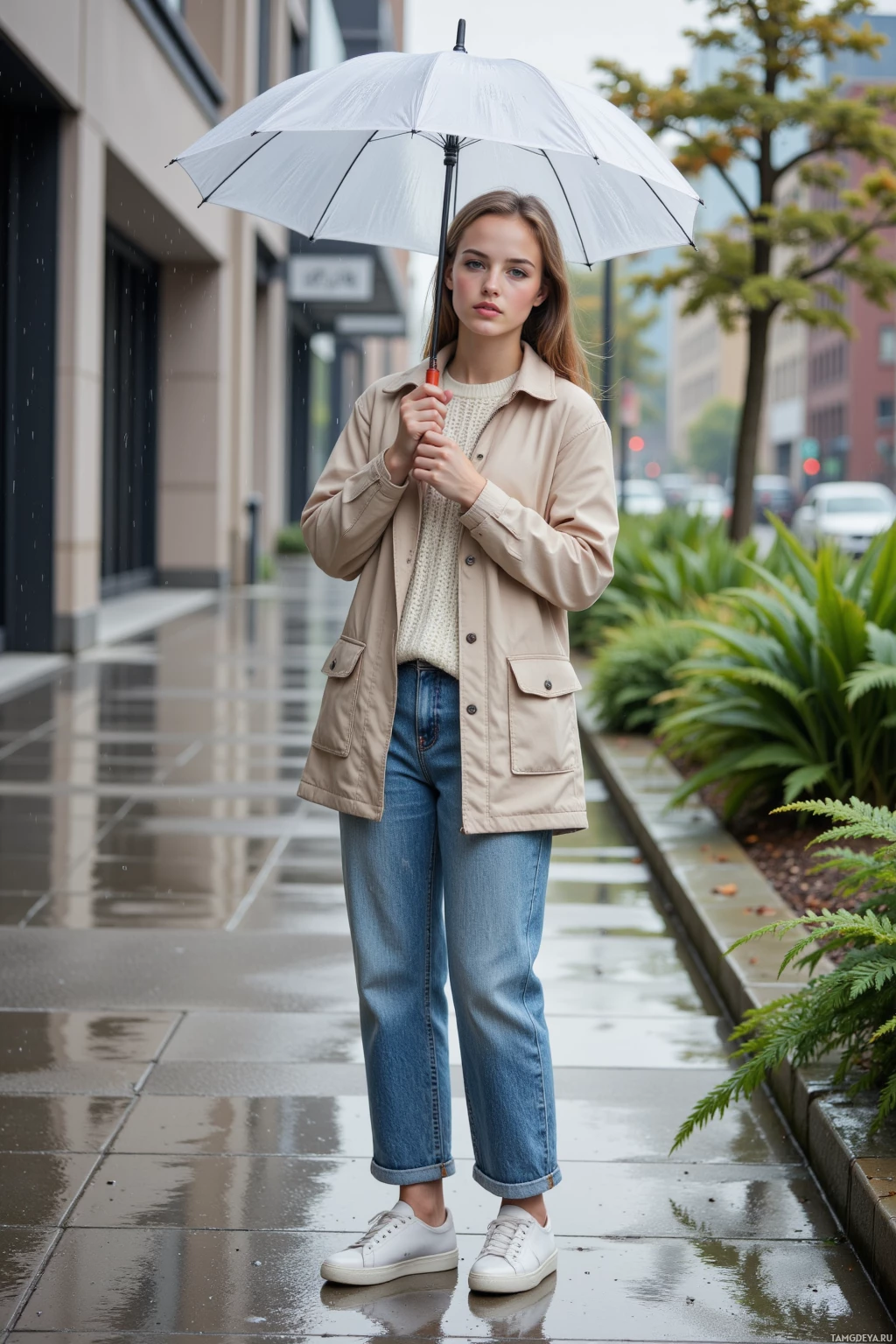 A person stands on a wet sidewalk holding an umbrella, wearing a beige jacket, white sweater, blue jeans, and white sneakers.