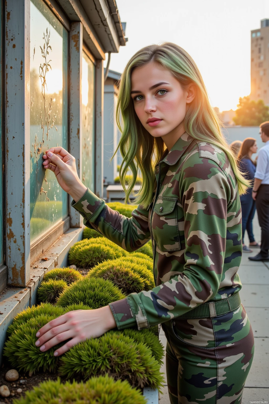 A person in a camouflage outfit stands near a window with greenery in the background.
