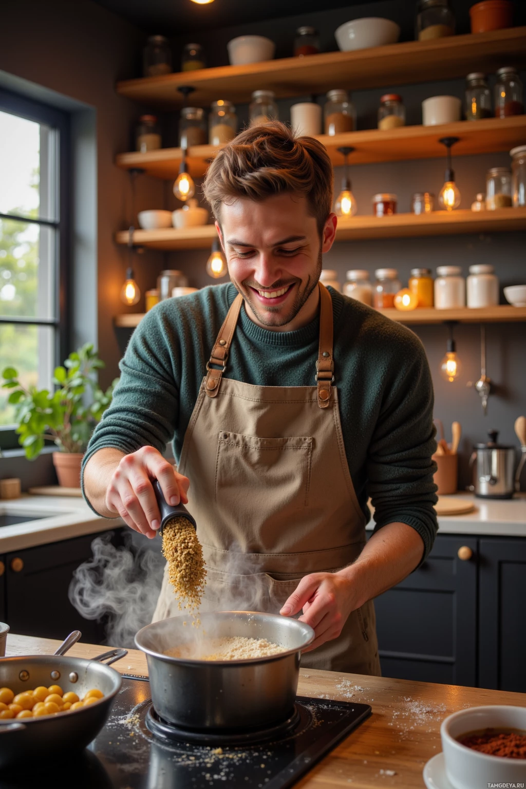 A man in a kitchen smiles as he pours a spice into a pot on the stove.
