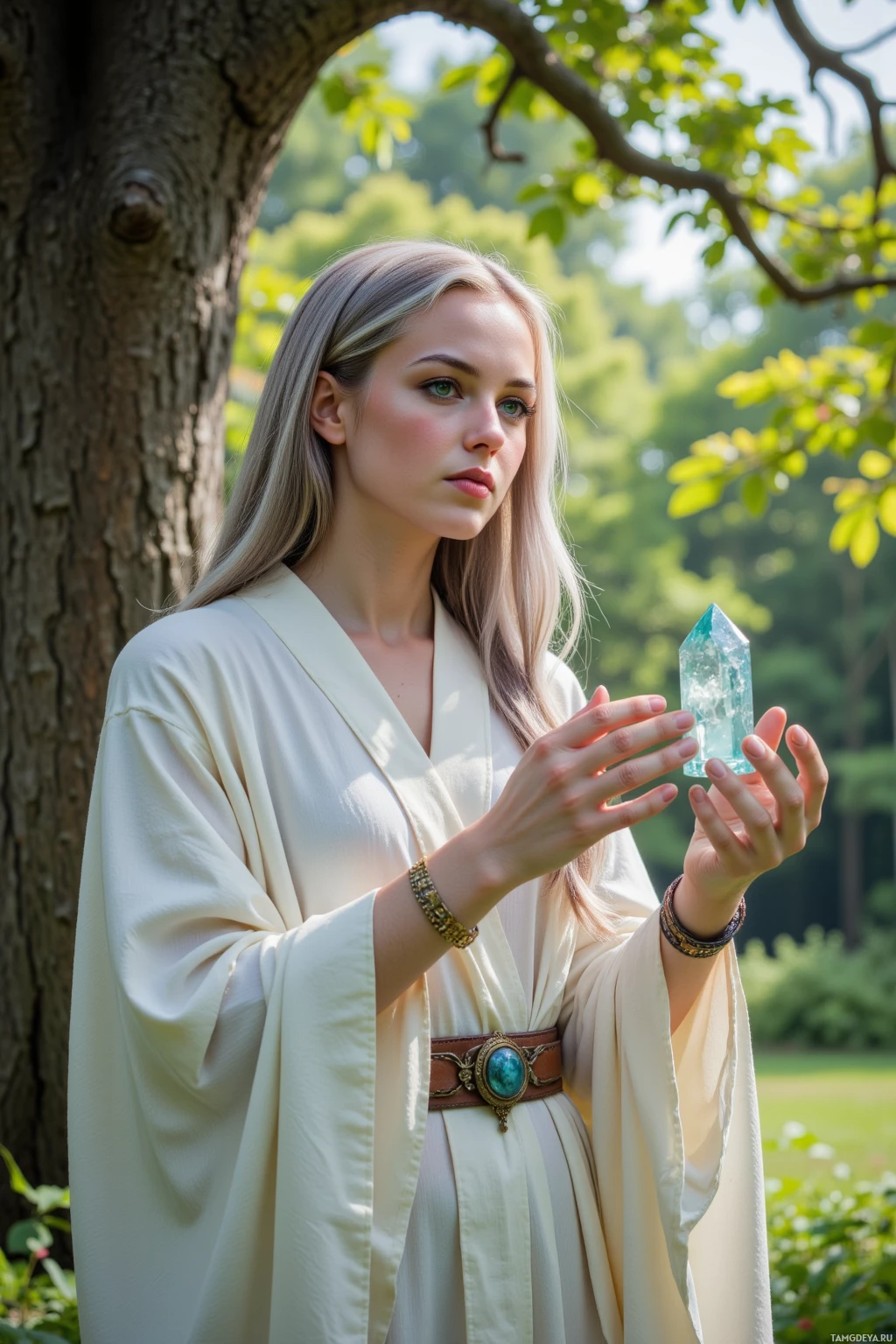A woman in a flowing white robe holds a crystal in a lush, green outdoor setting.