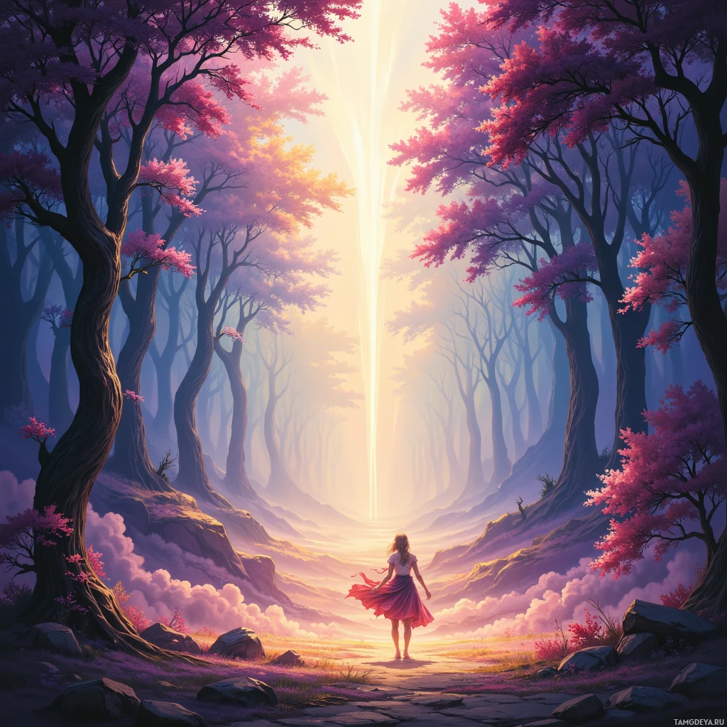 A serene forest scene with a woman in a flowing dress standing on a path leading towards a radiant light.