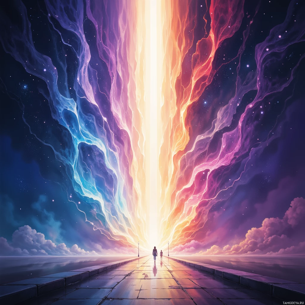 A vibrant, cosmic scene with two figures walking towards a bright, glowing light at the end of a path.