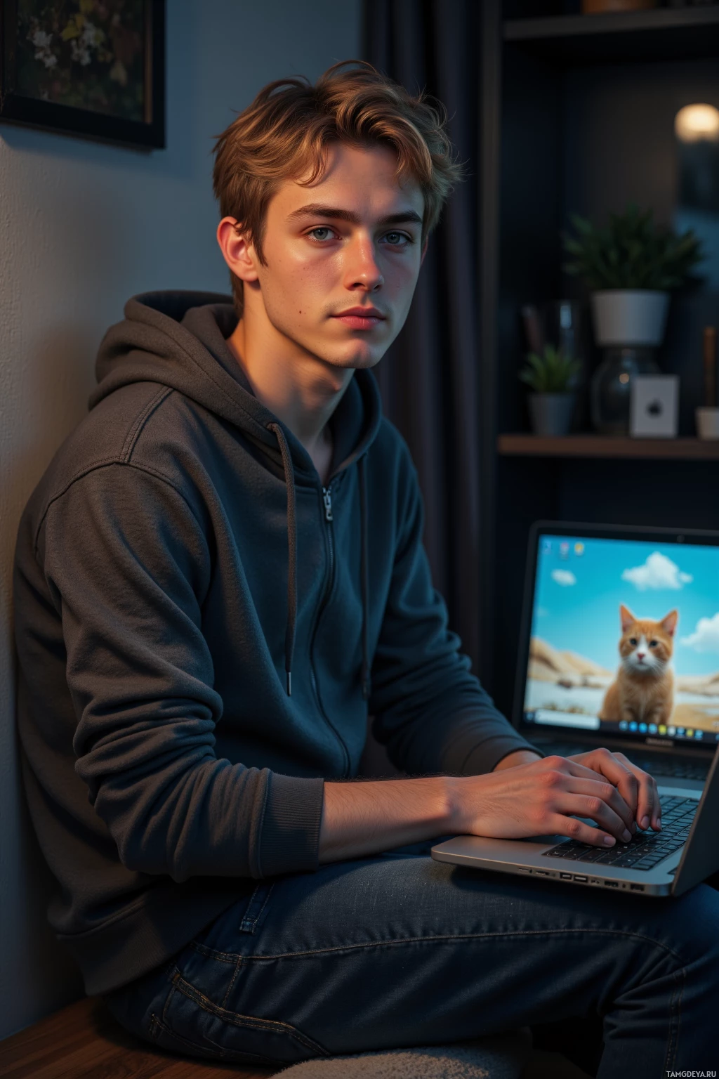 A young person in a hoodie sits at a desk, typing on a laptop with a cat image on the screen.