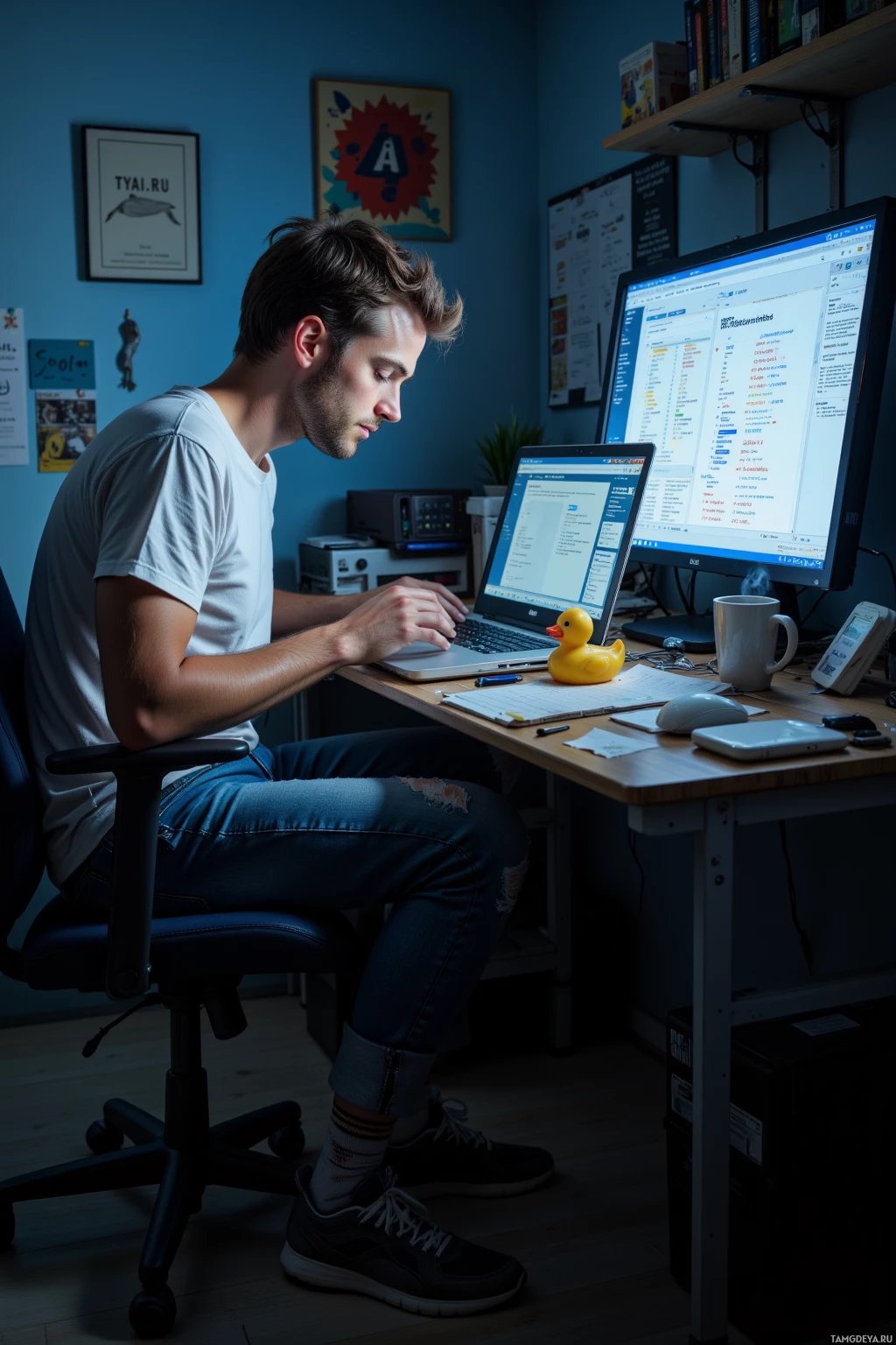 A person is working at a desk with a laptop and multiple monitors, surrounded by office supplies and decor.