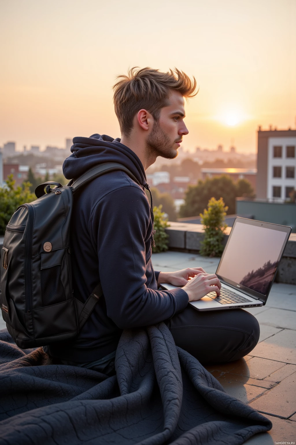 A person sits on a rooftop with a laptop, wearing a hoodie and carrying a backpack, as the sun sets in the background.