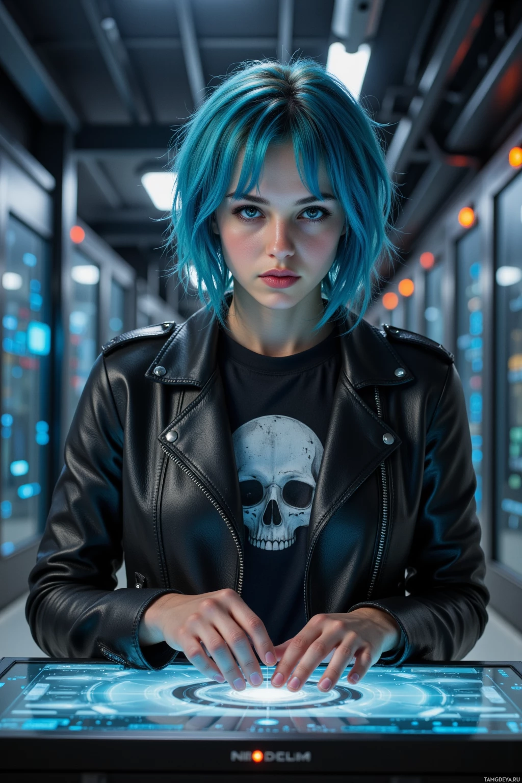 A person with blue hair in a leather jacket stands in a futuristic setting, interacting with a holographic interface.