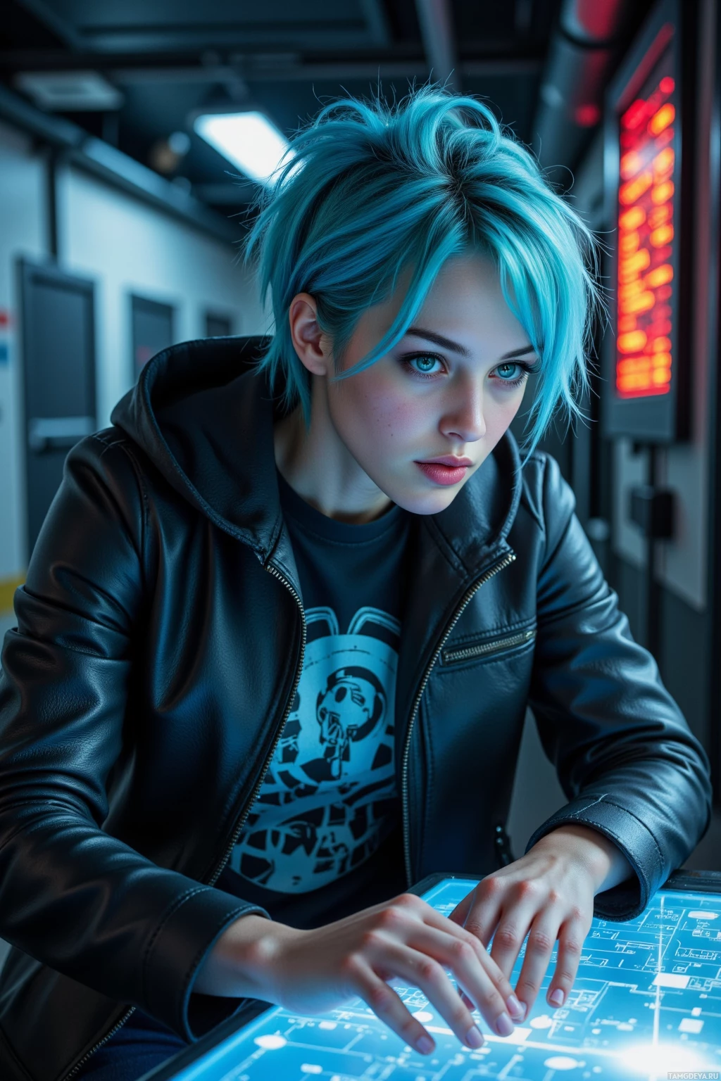 A person with blue hair wearing a leather jacket and a graphic t-shirt is interacting with a futuristic touch screen.