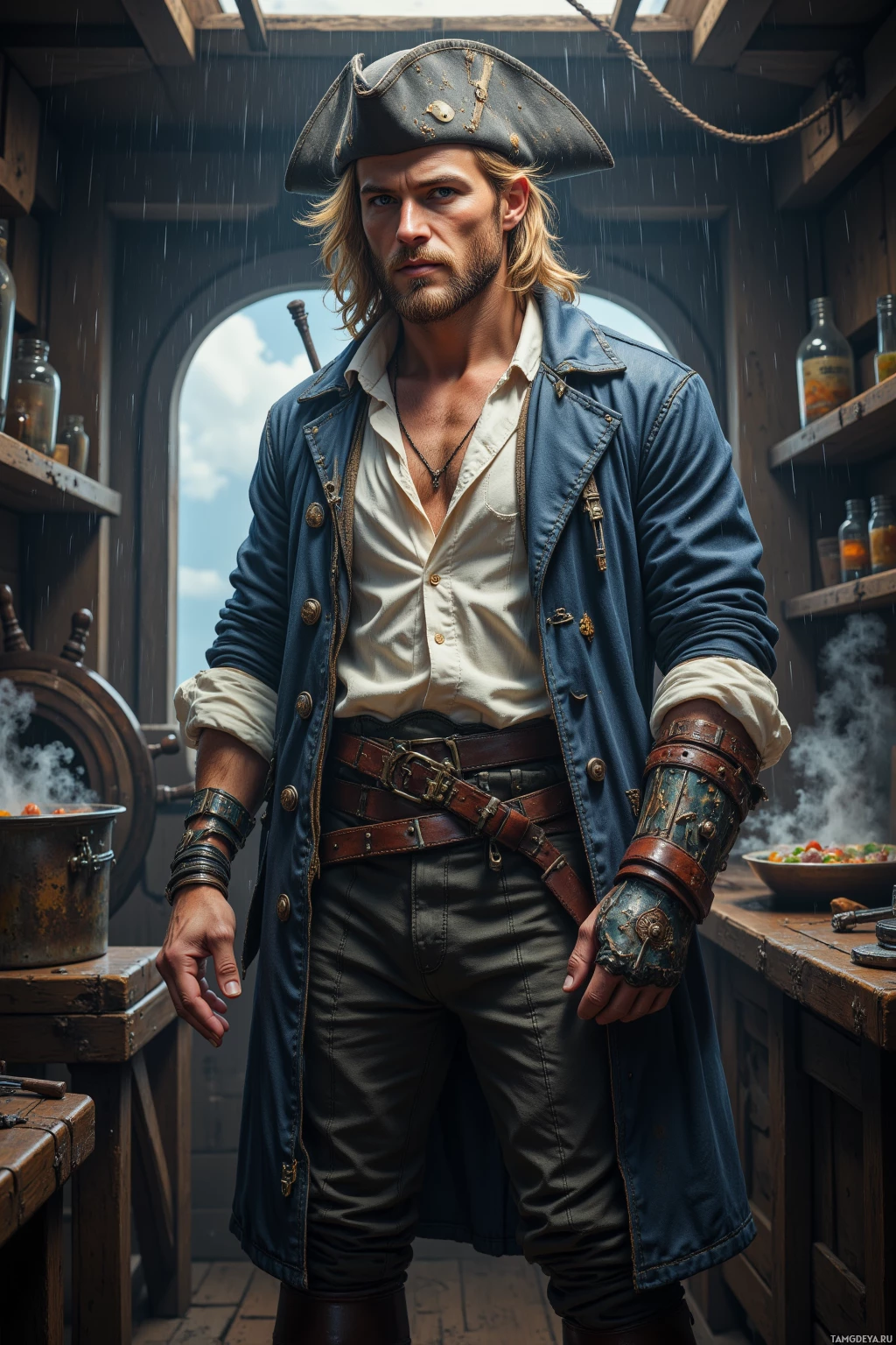 A pirate in a blue coat and tricorn hat stands in a ship's cabin.