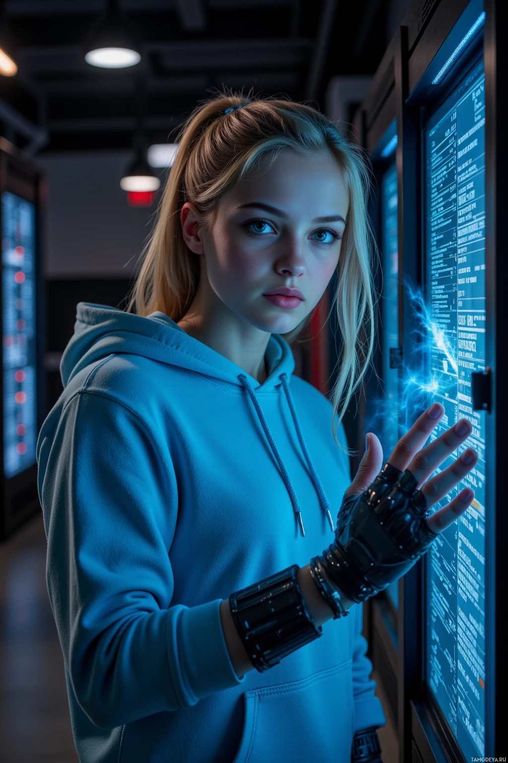 A person in a hoodie stands in a dimly lit room, interacting with a glowing interface.