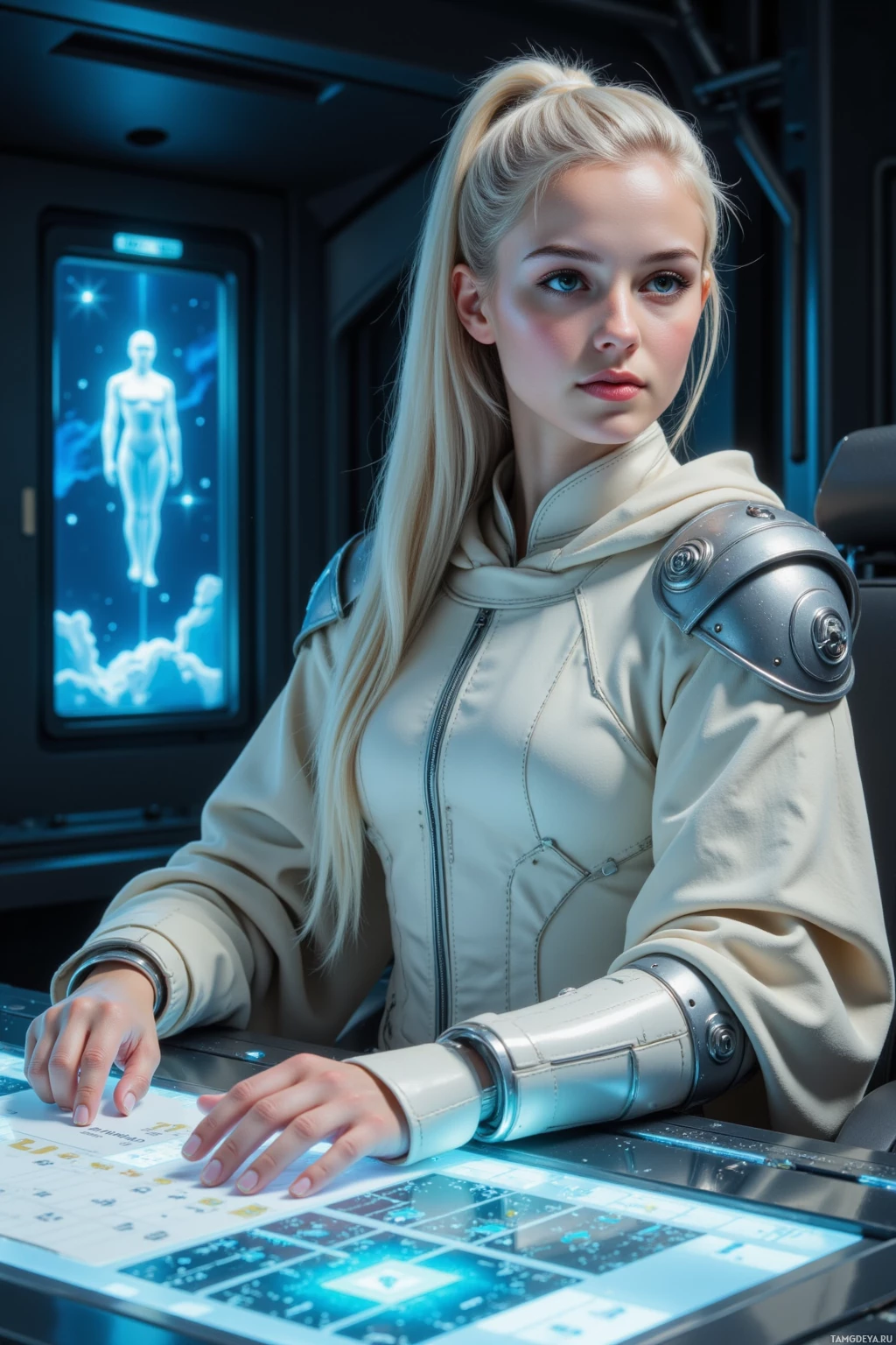 A person in a futuristic outfit is seated at a high-tech console.