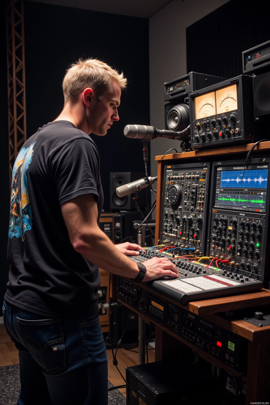 A person is operating audio equipment in a studio setting.