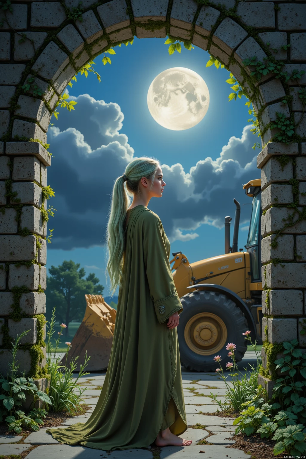 A woman in a long green dress stands under a stone archway, gazing at a bright moon and a construction vehicle in the distance.