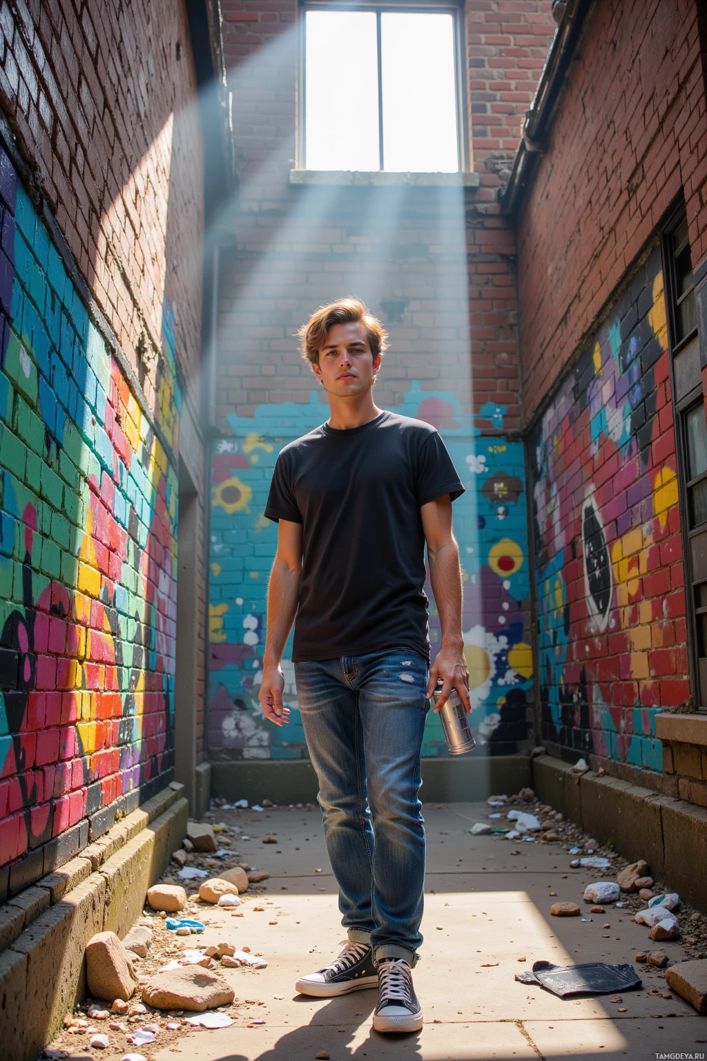 A young man stands in a sunlit alleyway with colorful graffiti on the walls.