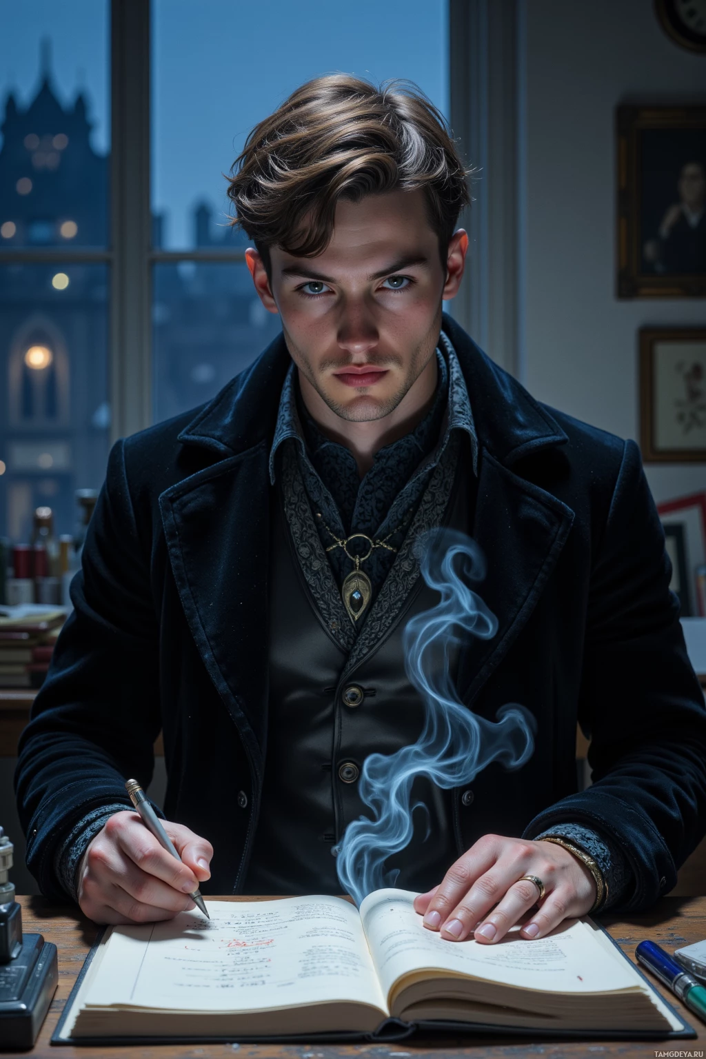 A man in a dark coat sits at a desk, writing in a notebook with a quill, as smoke rises from the inkwell.