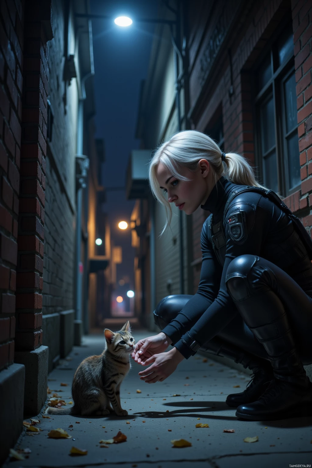 A person in a dark outfit crouches to feed a small cat in a dimly lit alleyway.