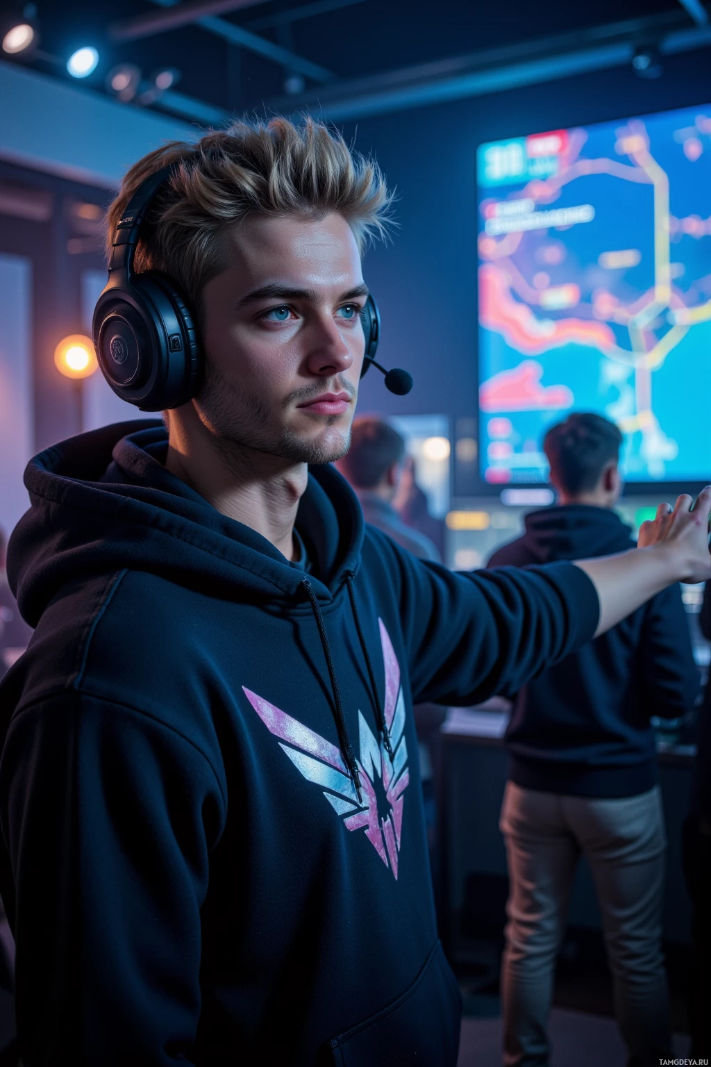 A person wearing a black hoodie and headphones stands in a room with a large screen in the background.