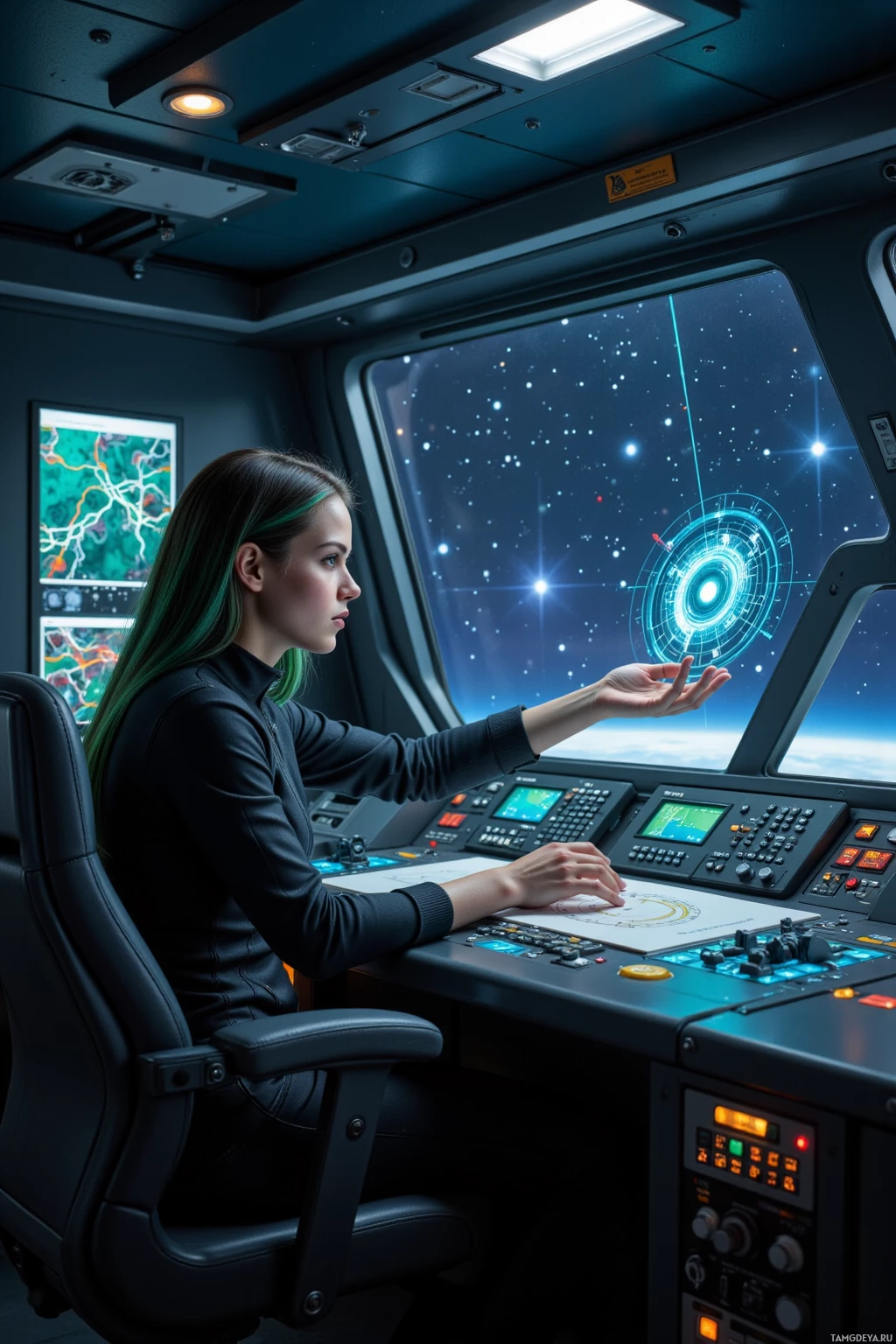 A person is seated at a control panel in a futuristic cockpit, operating a spacecraft.